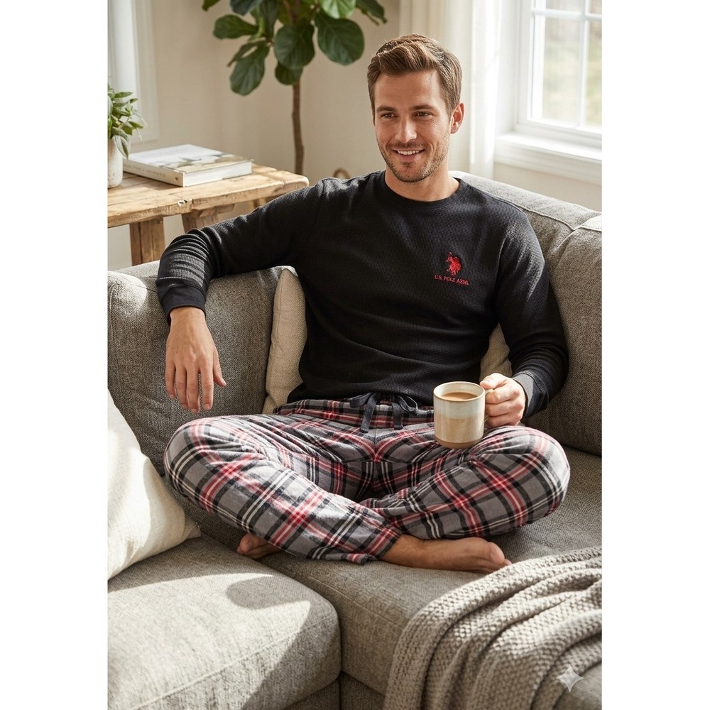 U.S. Polo‎ Assn. Men's Plaid Pajama Set Black Gray Red S Long Sleeve Drawstring